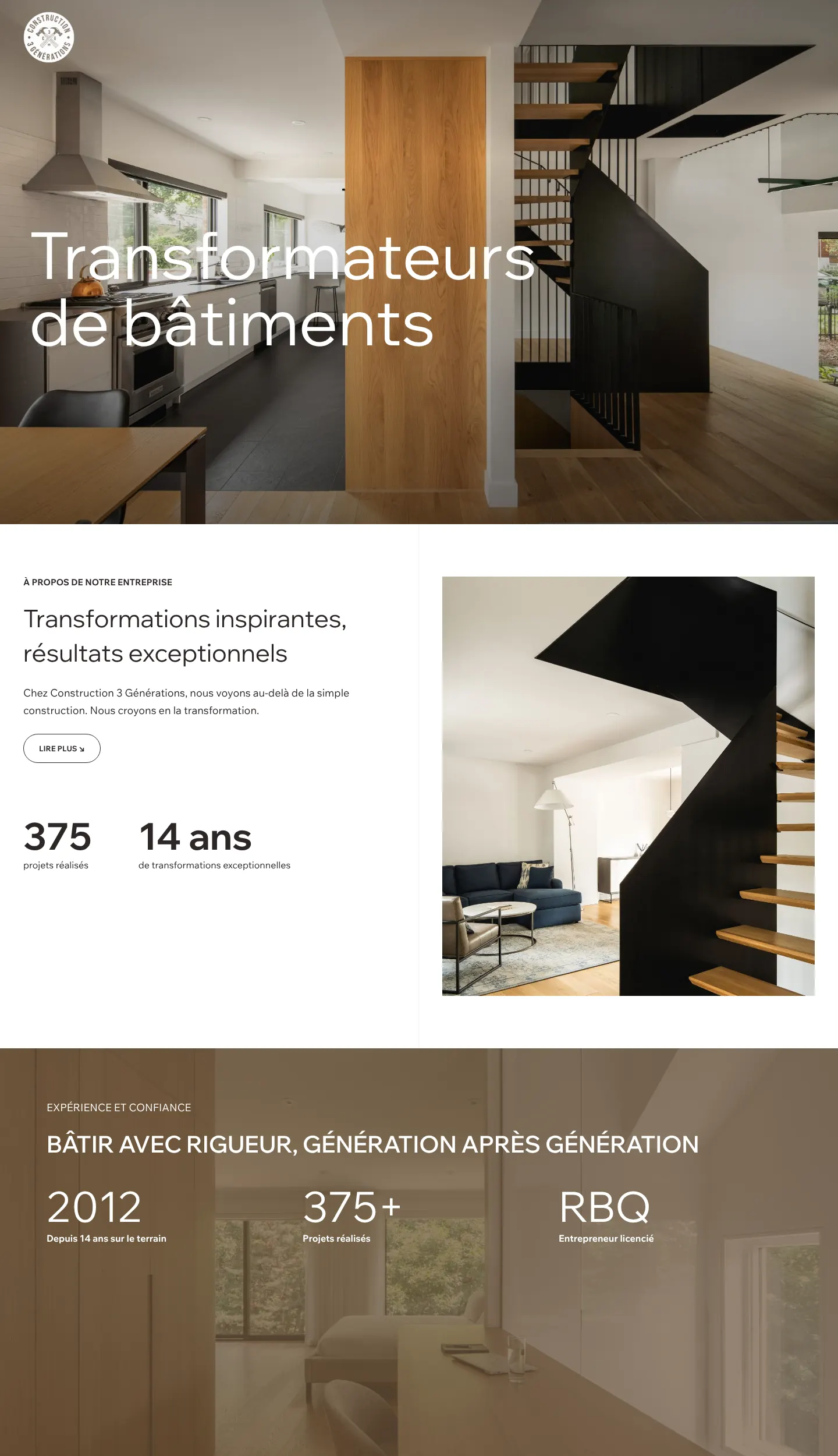 The full Construction 3 Générations home page: the headline, the company, then the key figures.