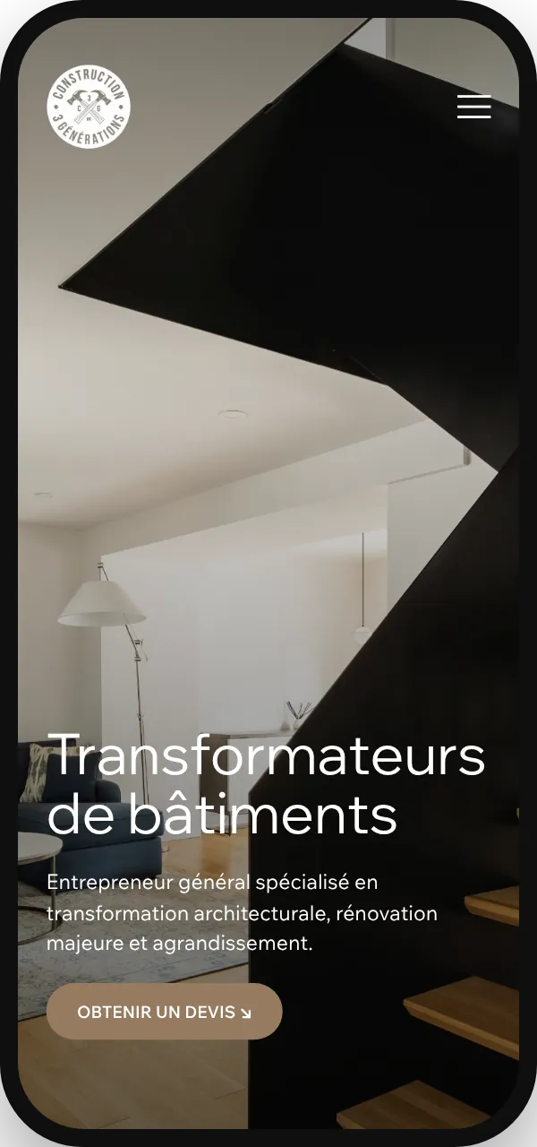 The Construction 3 Générations home page on mobile.
