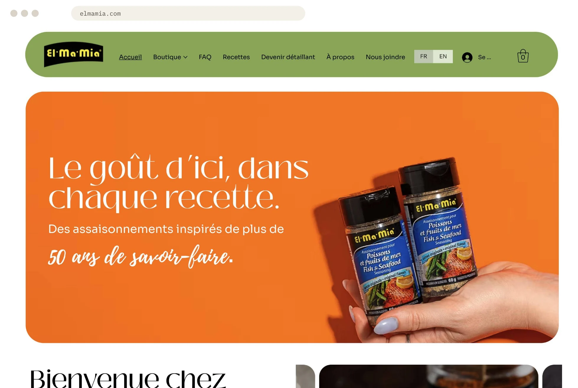 La page d'accueil d'El-Ma-Mia : « Le goût d'ici, dans chaque recette », deux pots d'assaisonnement pour poissons et fruits de mer.