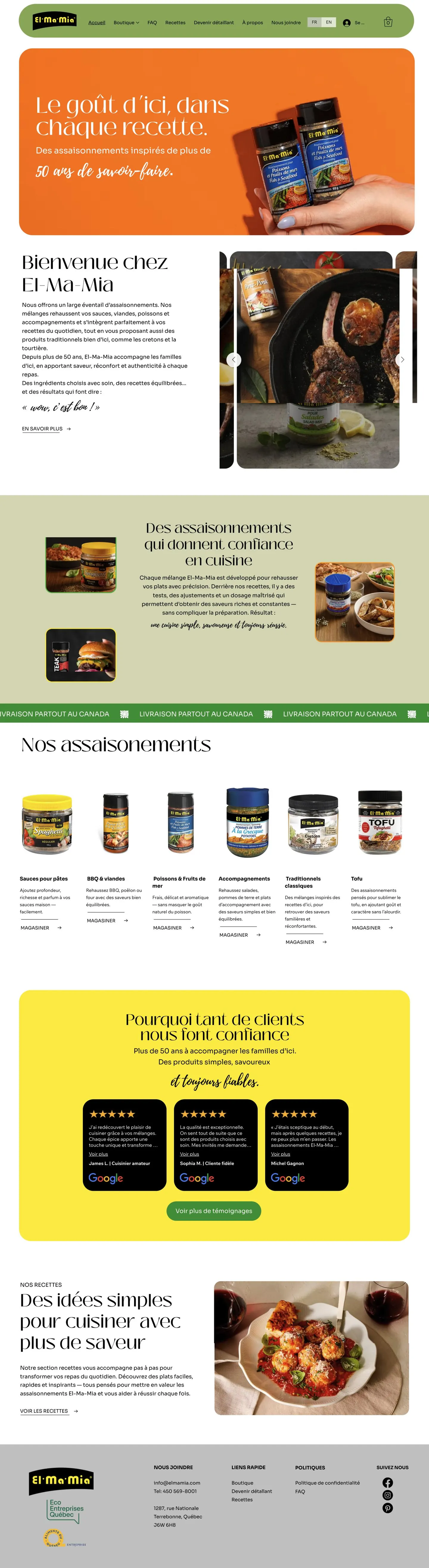 La page d'accueil complète d'El-Ma-Mia, du titre jusqu'aux recettes : assaisonnements, avis de clients et livraison partout au Canada.