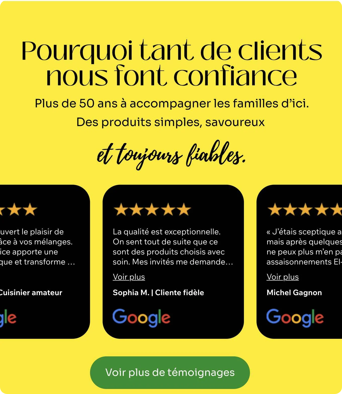 La section des avis sur fond jaune : « Pourquoi tant de clients nous font confiance ».
