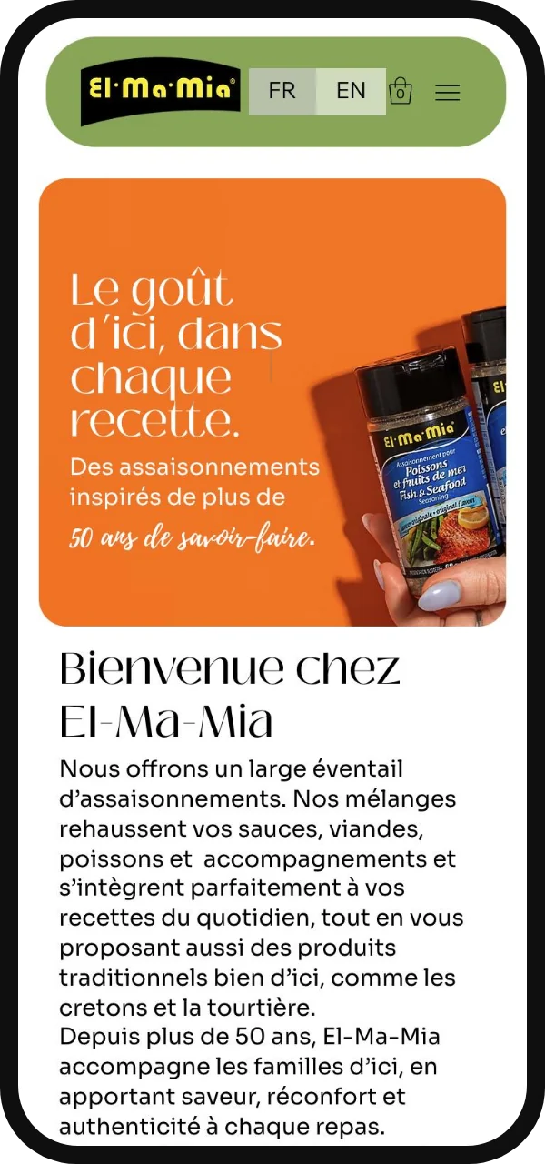L'accueil d'El-Ma-Mia sur cellulaire.