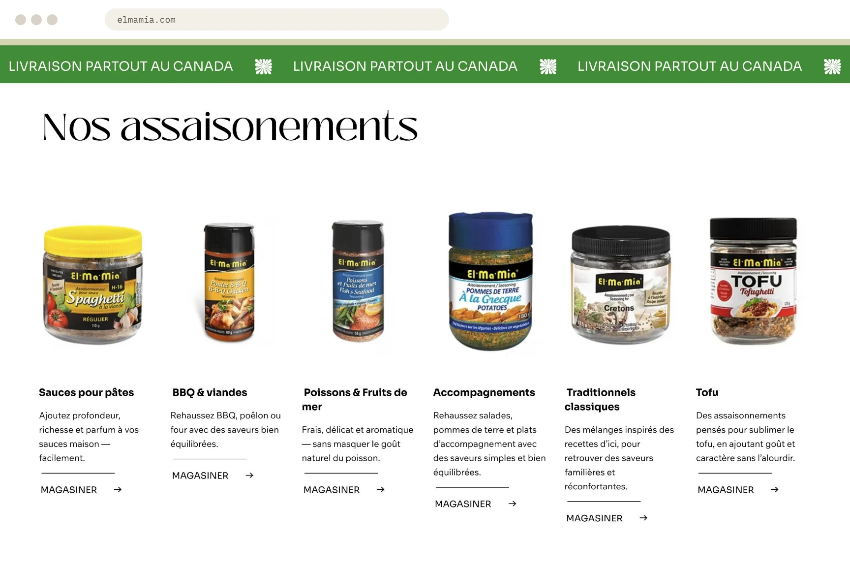 La section « Nos assaisonnements » : six familles de produits, des sauces pour pâtes au tofu.
